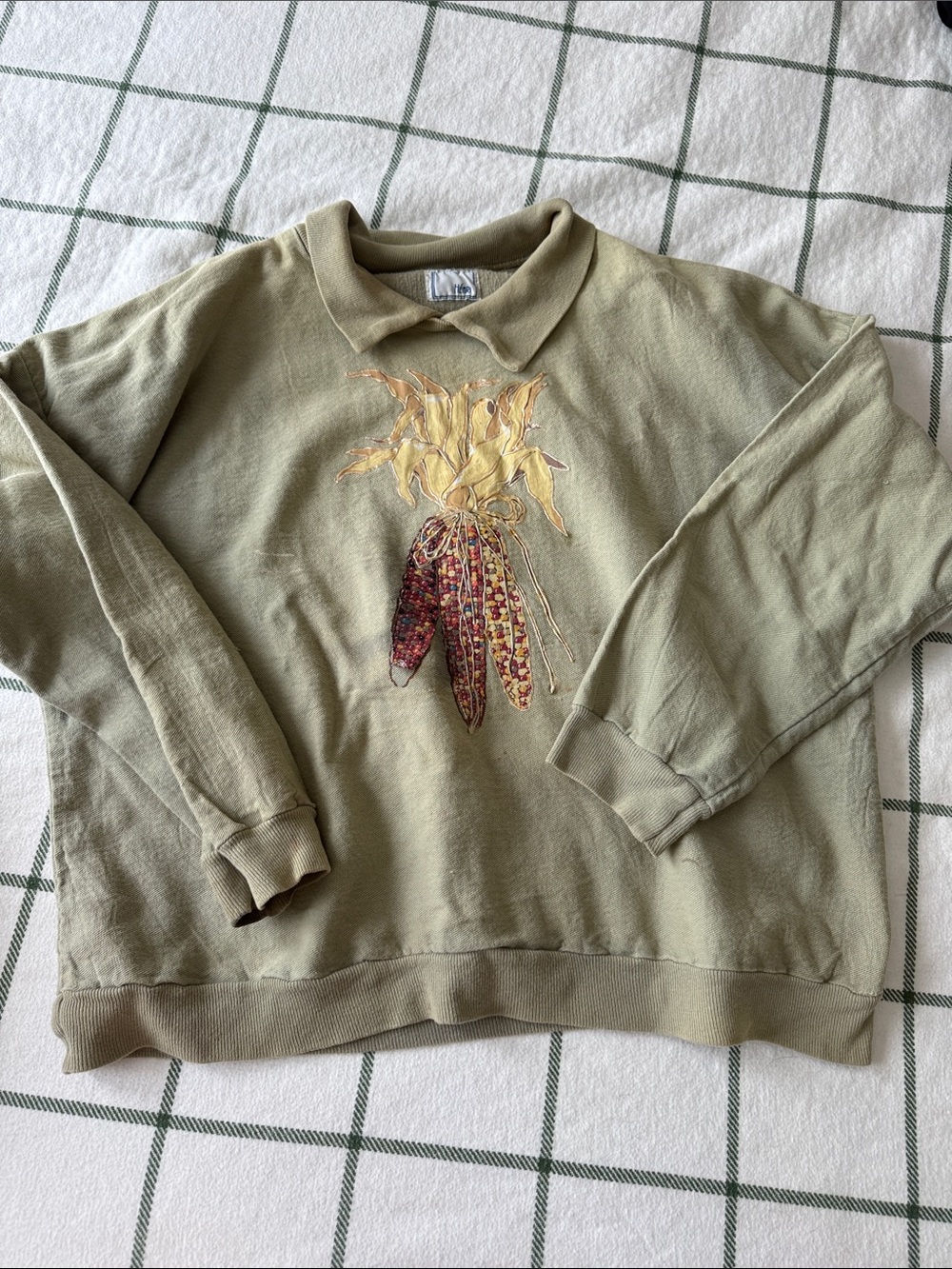 Vintage Muted Olive Collared Sweatshirt with Floral Corn Embroidery
